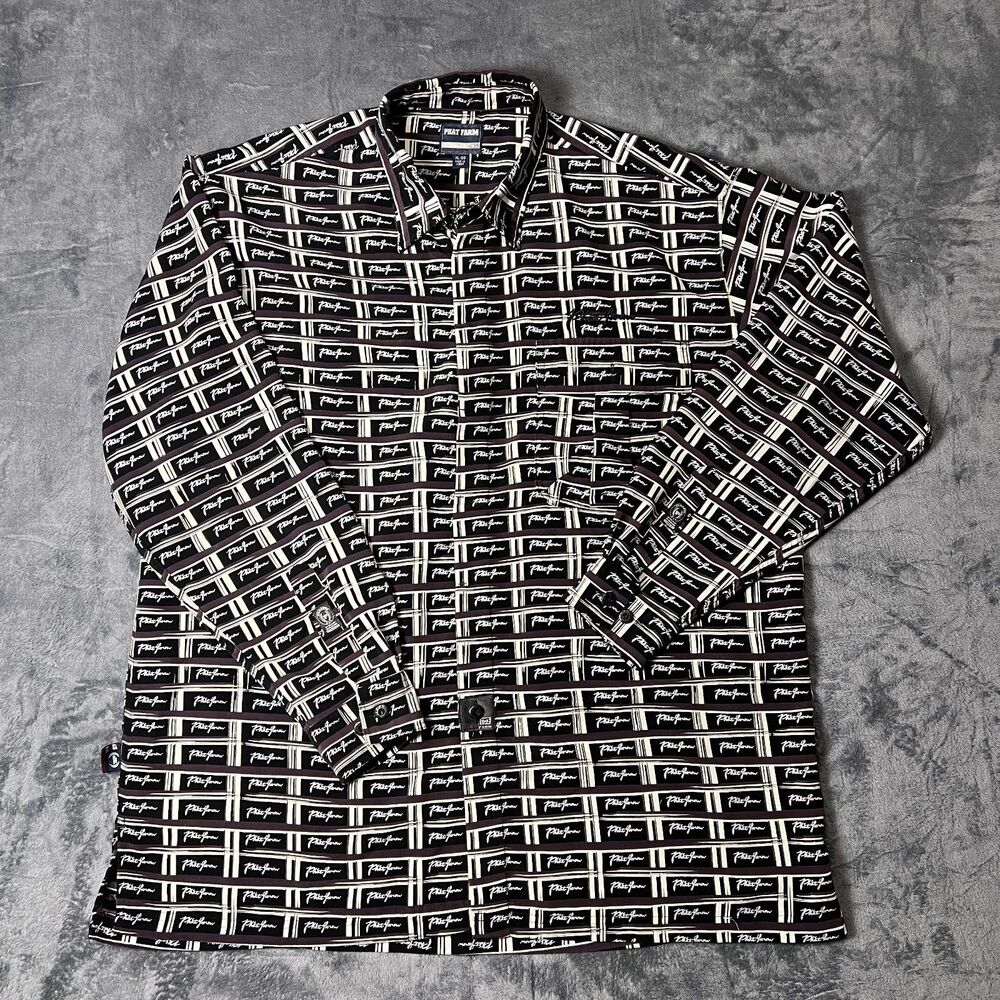 VTG Phat Farm Shirt Mens XL Long Sleeve All Over Print Logo Button Up Y2K 90
